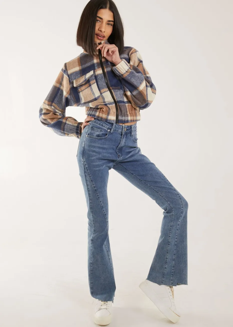 Pink Vanilla Blue Cropped Tartan Style Fleece Jacket