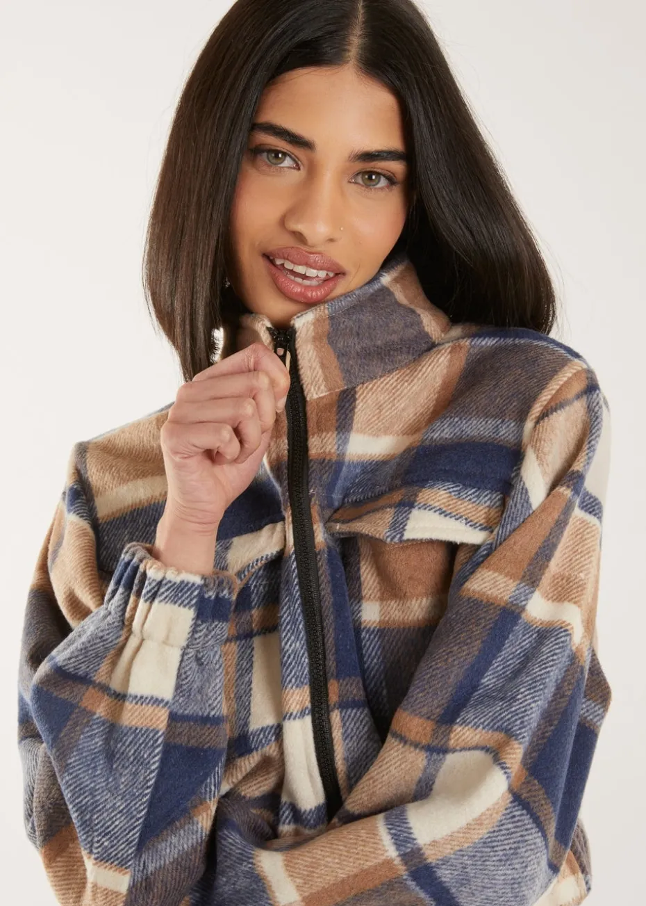 Pink Vanilla Blue Cropped Tartan Style Fleece Jacket