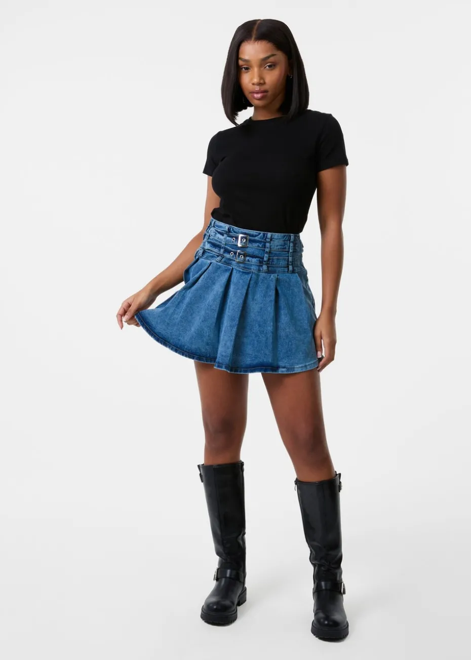 Pink Vanilla Blue Denim Double Belt Pleat Mini Skirt