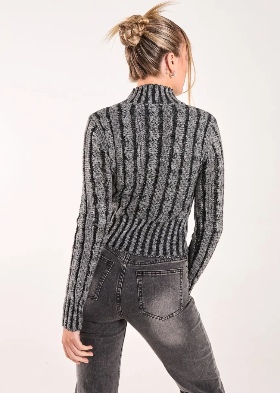 Pink Vanilla Dark Grey High Neck Zip Up Cable Knit