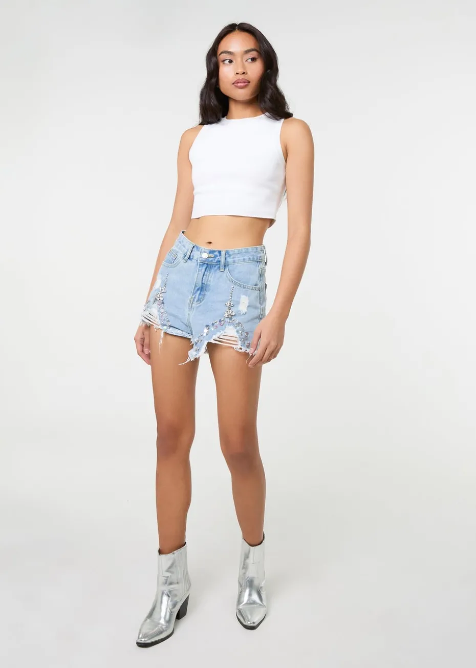 Pink Vanilla Denim Embellished Distressed Shorts