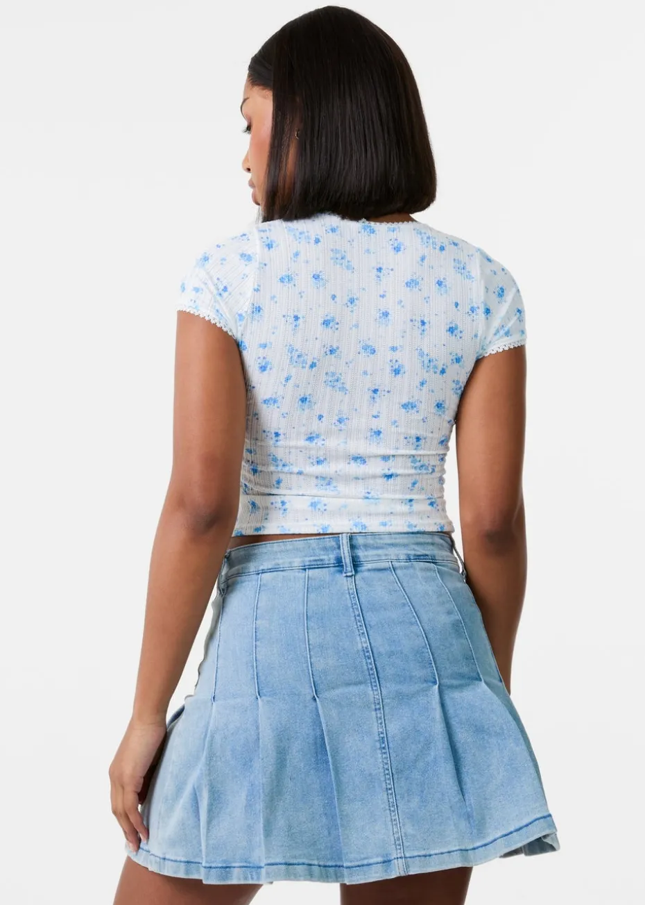 Pink Vanilla Ivory Pointelle Ditsy Print Crop Top