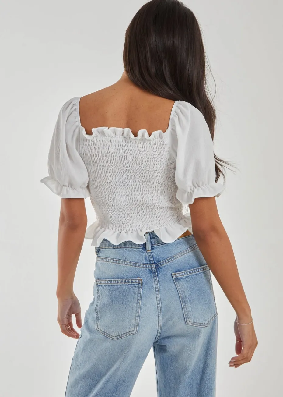 Pink Vanilla Ivory Puff Sleeve Square Neck Shirred Top