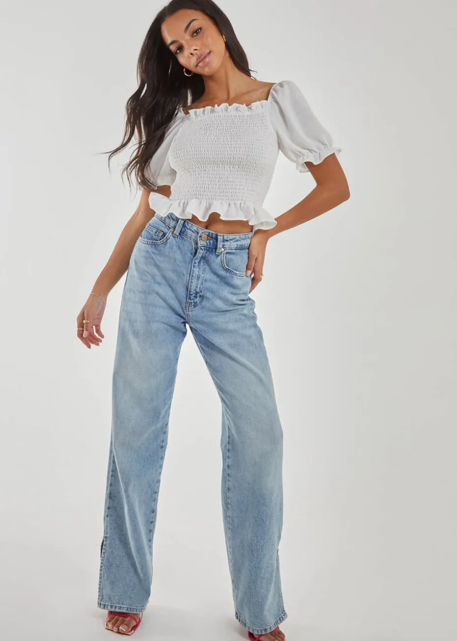 Pink Vanilla Ivory Puff Sleeve Square Neck Shirred Top