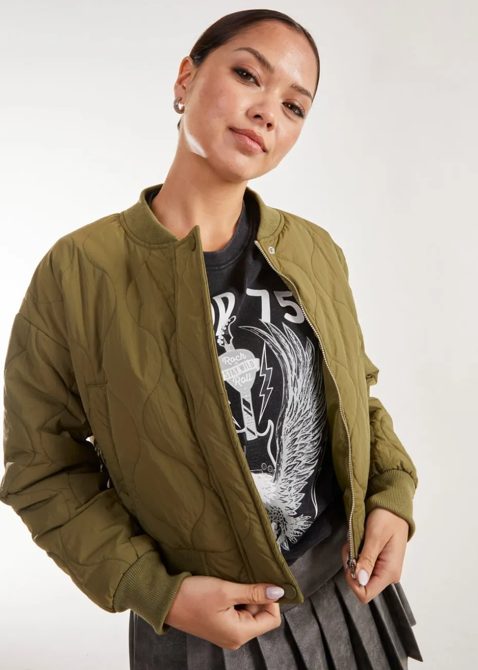 Pink Vanilla Khaki Textured Puffer Bomber Jacket