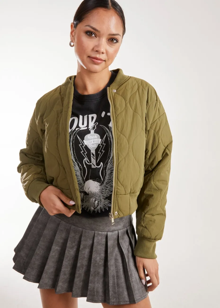 Pink Vanilla Khaki Textured Puffer Bomber Jacket