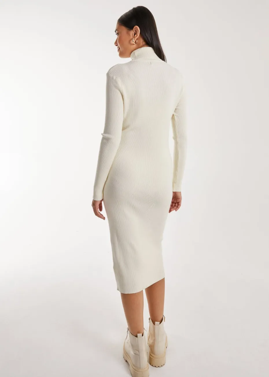 Pink Vanilla Stone Ribbed Roll Neck Midi Dress