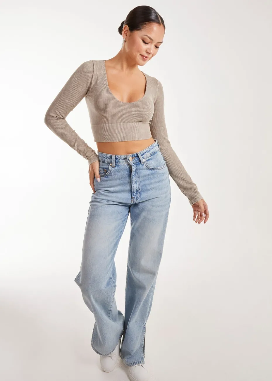 Pink Vanilla Stone Washed Rib Long Sleeve Top