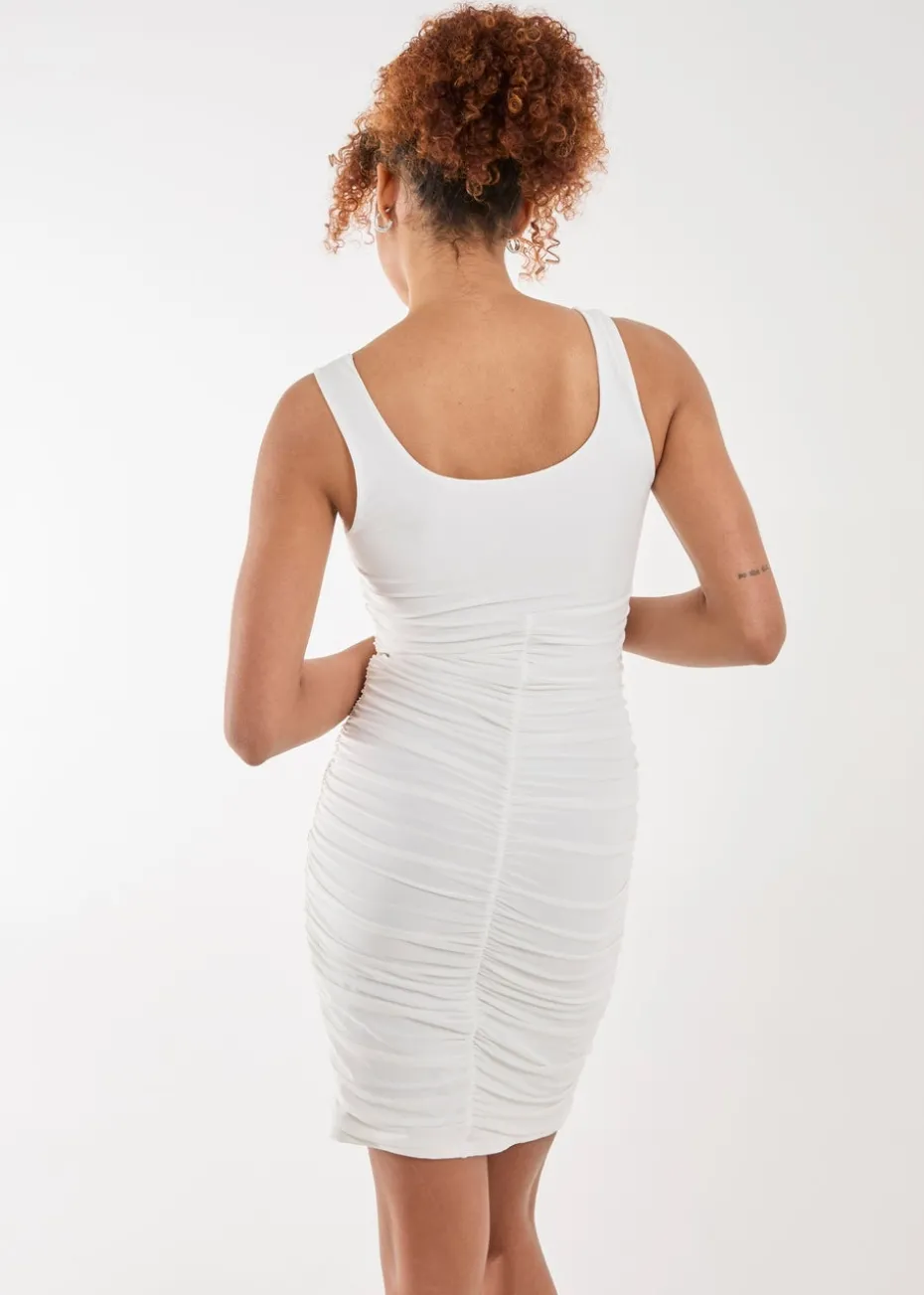 Pink Vanilla White Ruched Slinky Mini Dress