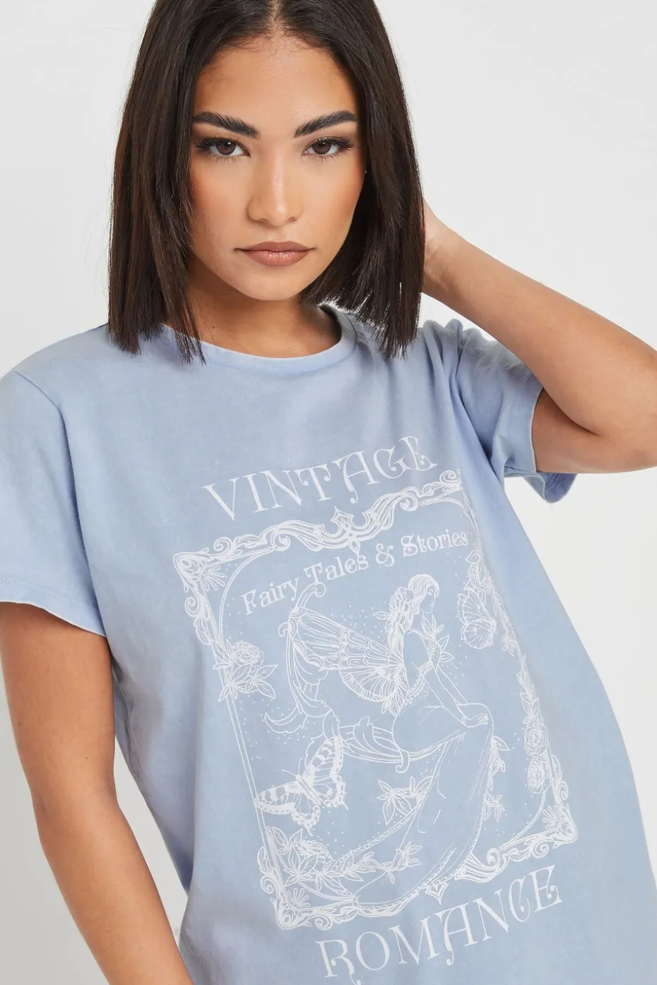 Pixiegirl Light Blue Vintage Romance Slogan T-Shirt