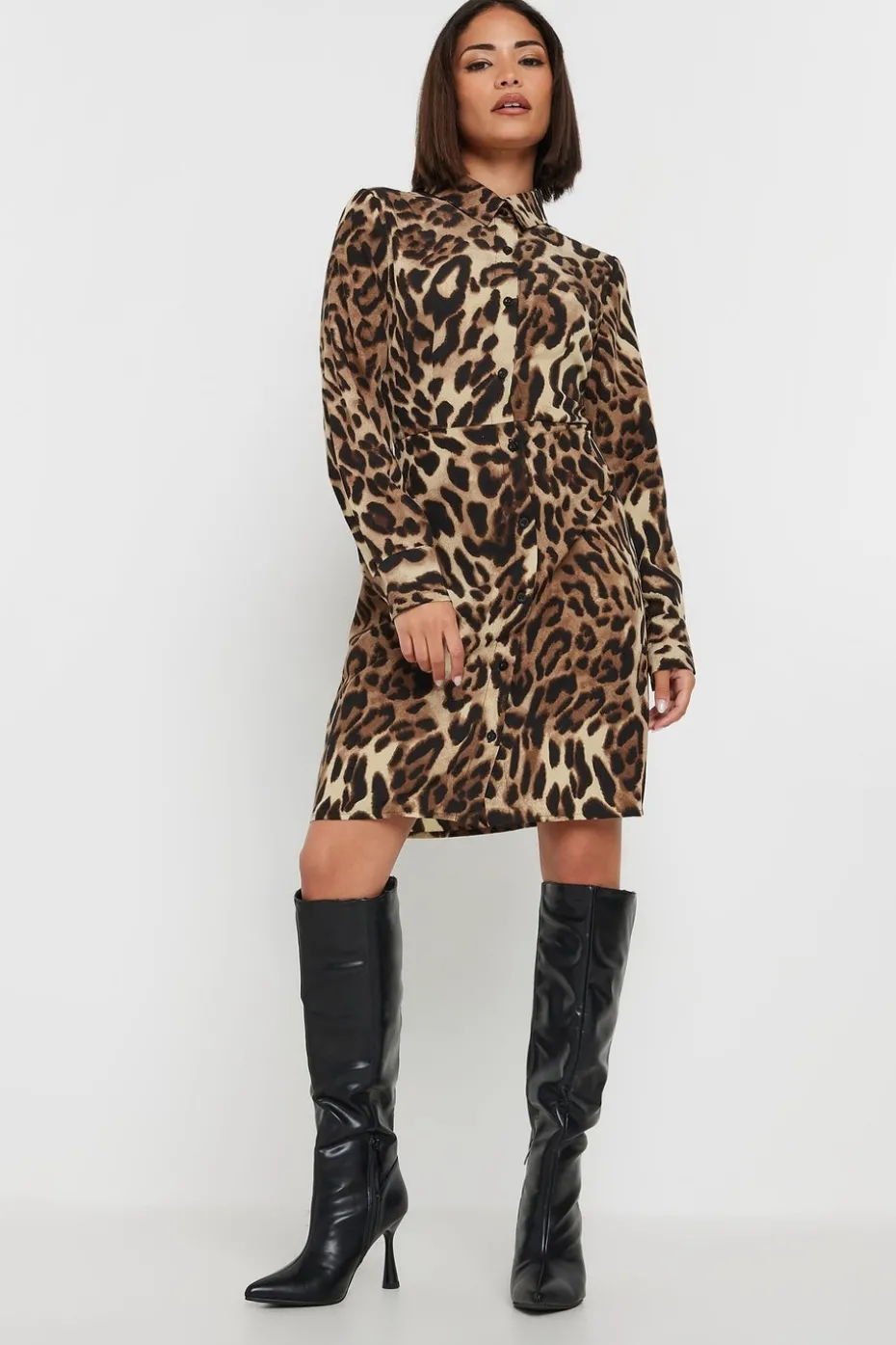 Pixiegirl Petite Beige Brown Leopard Print Shirt Dress