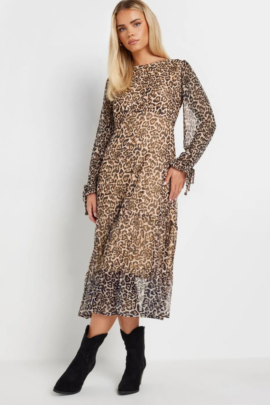 Pixiegirl Petite Beige Brown Leopard Print Mesh Tiered Dress