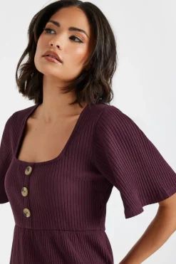Pixiegirl Petite Burgundy Red Ribbed Smock Top