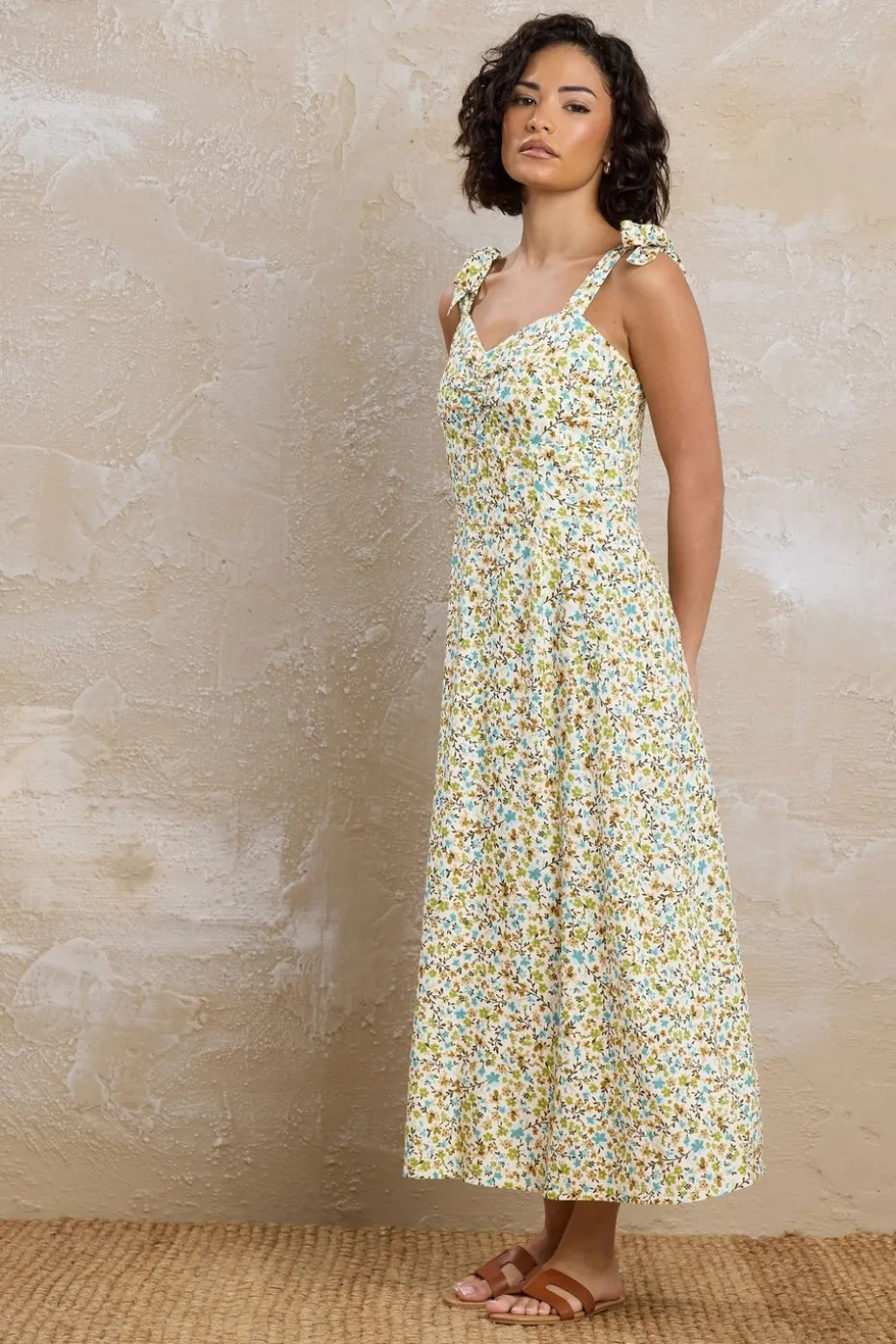 Pixiegirl Petite Green Ditsy Floral Tie Shoulder Midi Dress