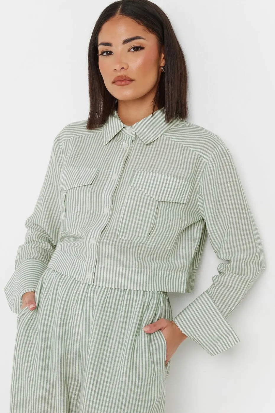 Pixiegirl Petite Green Linen Striped Pocket Shirt