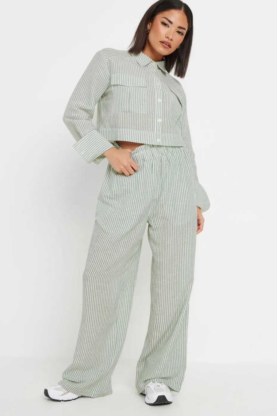 Pixiegirl Petite Green Linen Striped Pocket Shirt
