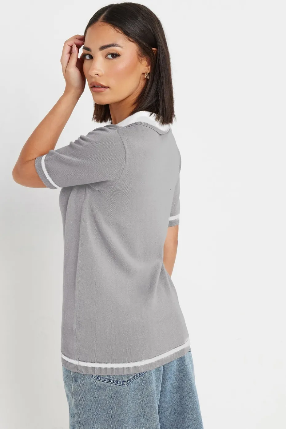 Pixiegirl Petite Grey Knit Contrast Polo Shirt