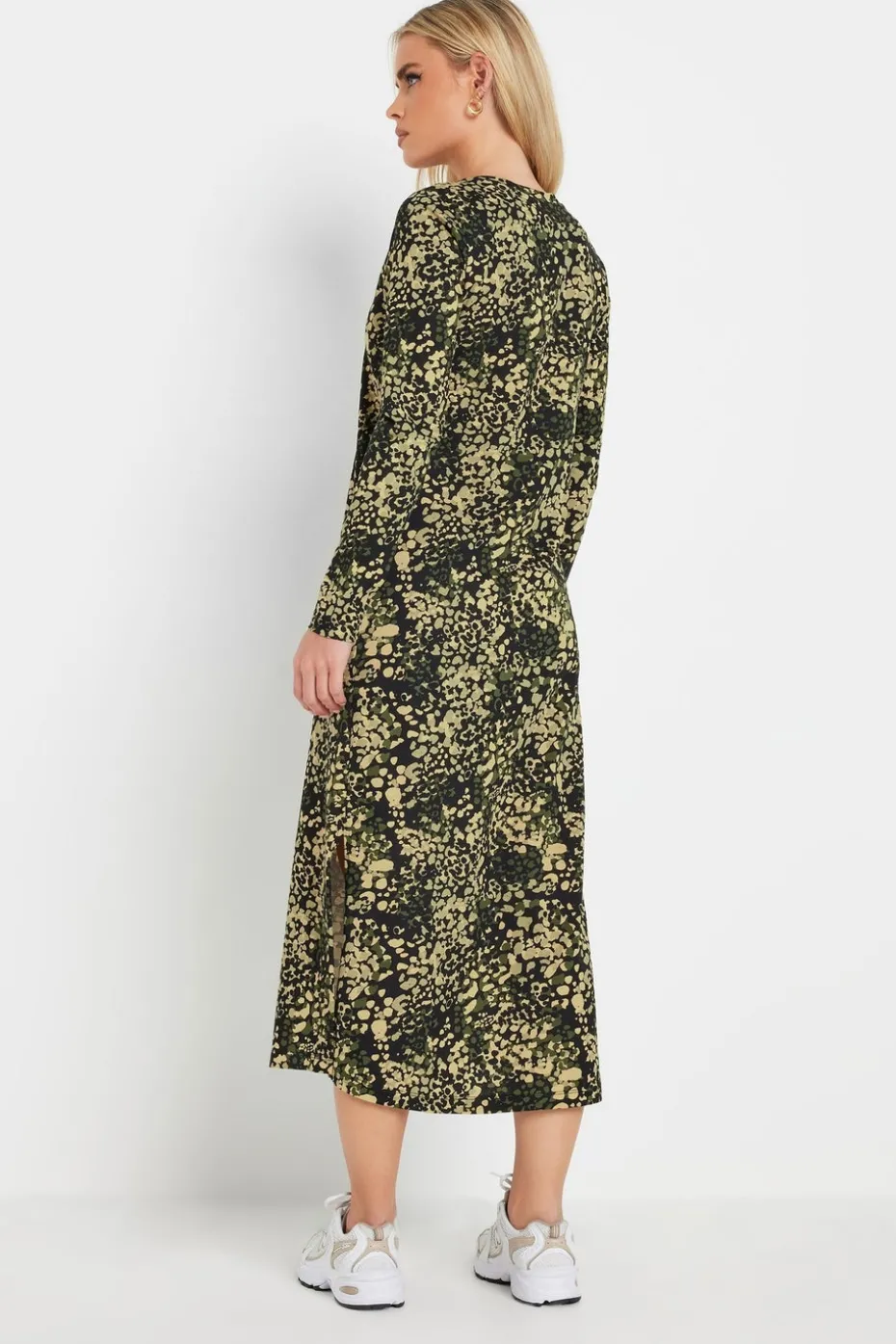Pixiegirl Petite Khaki Green Abstract Animal Long Sleeve T-Shirt Dress