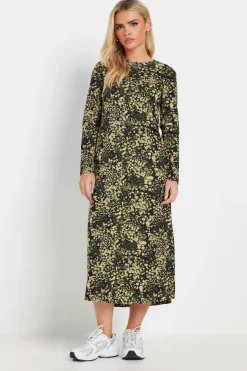 Pixiegirl Petite Khaki Green Abstract Animal Long Sleeve T-Shirt Dress