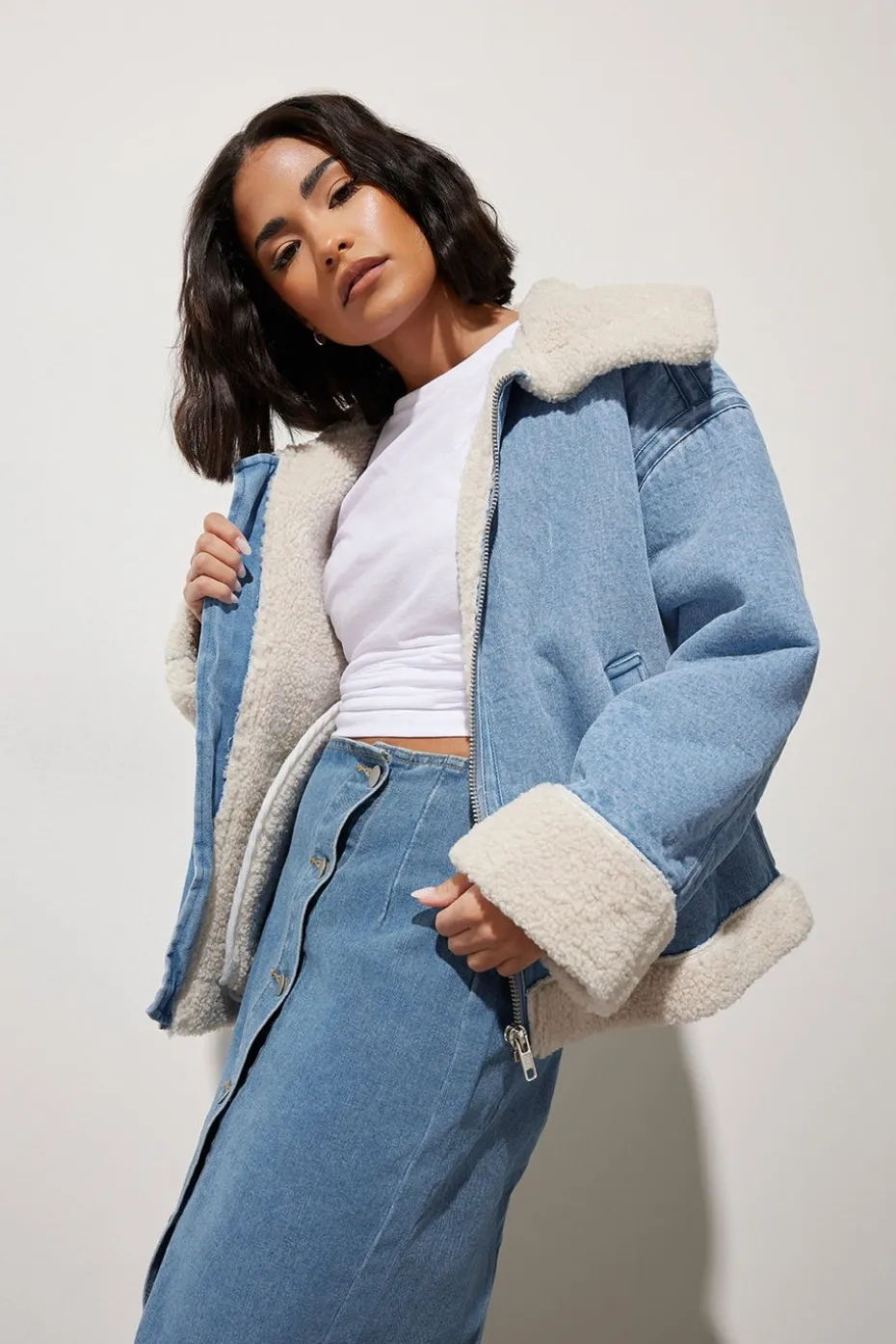 Pixiegirl Petite Light Blue Denim Borg Zip Jacket