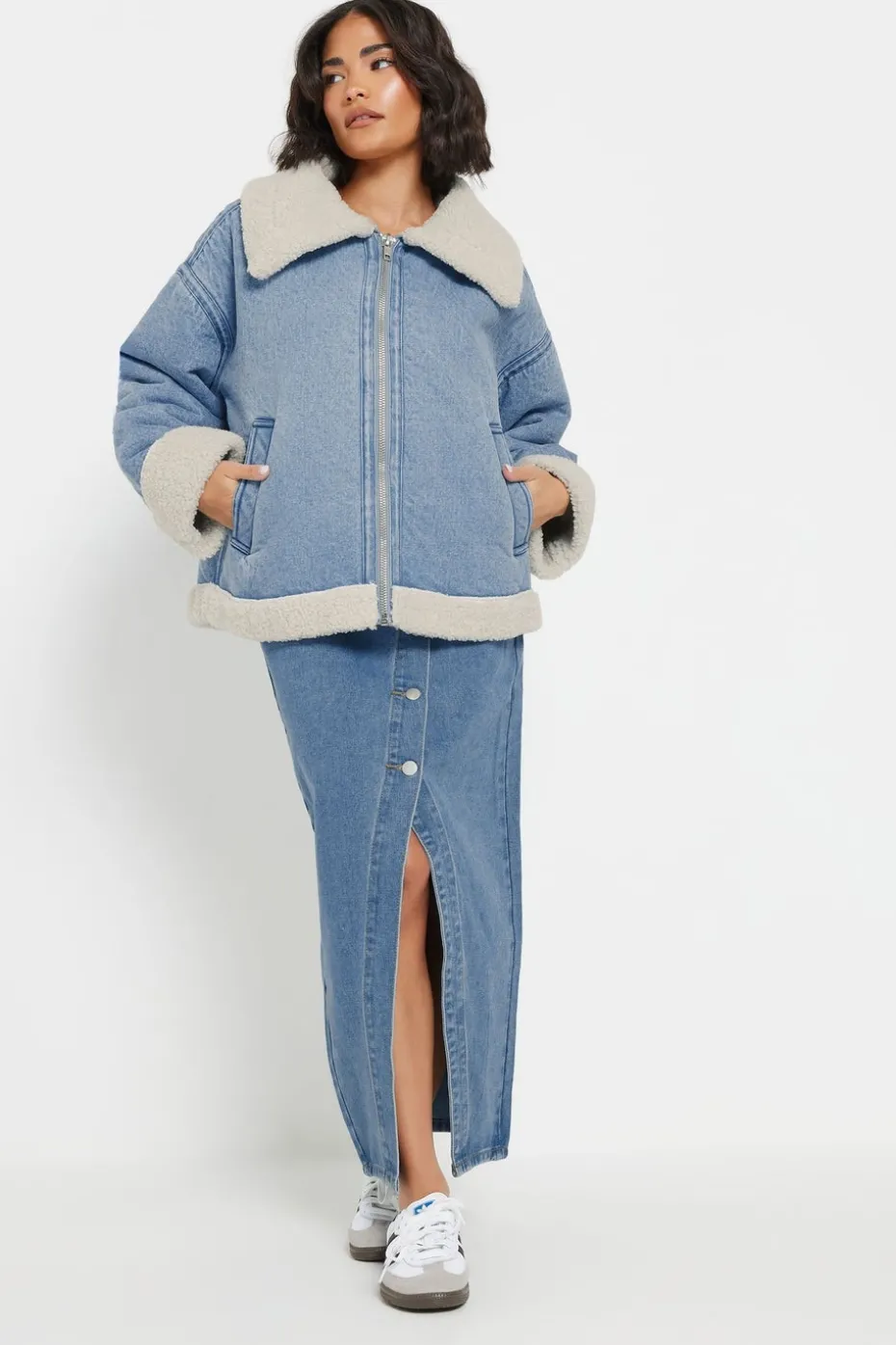 Pixiegirl Petite Light Blue Denim Borg Zip Jacket