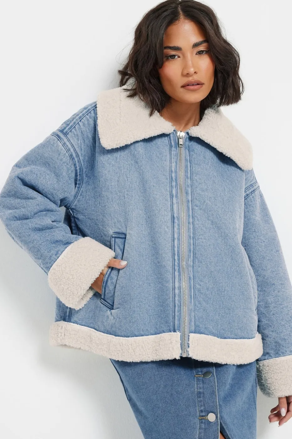 Pixiegirl Petite Light Blue Denim Borg Zip Jacket