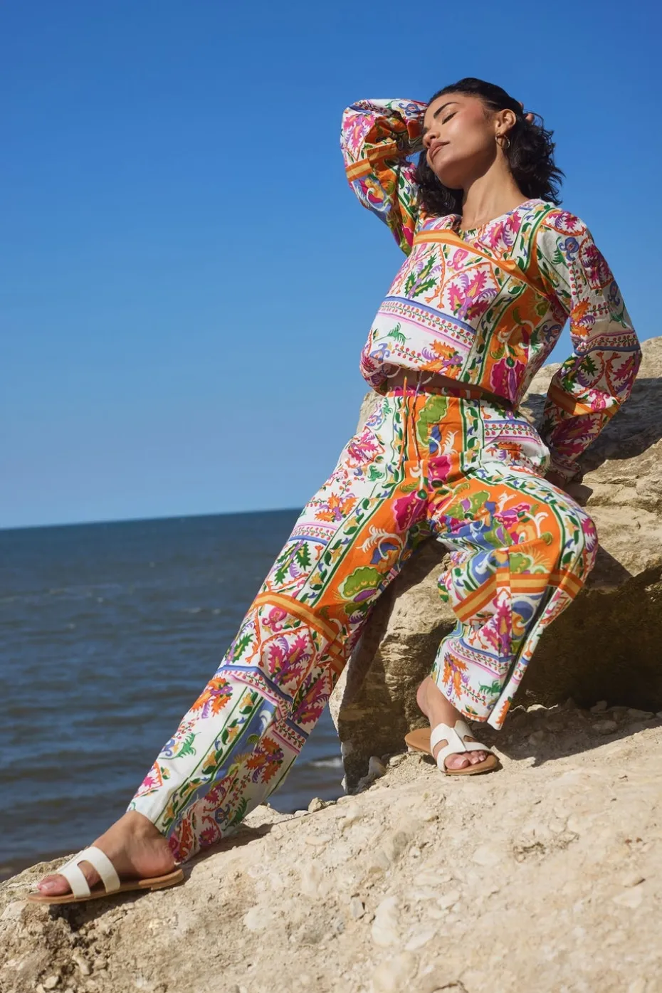 Pixiegirl Petite Orange Abstract Tile Print Wide Leg Trousers