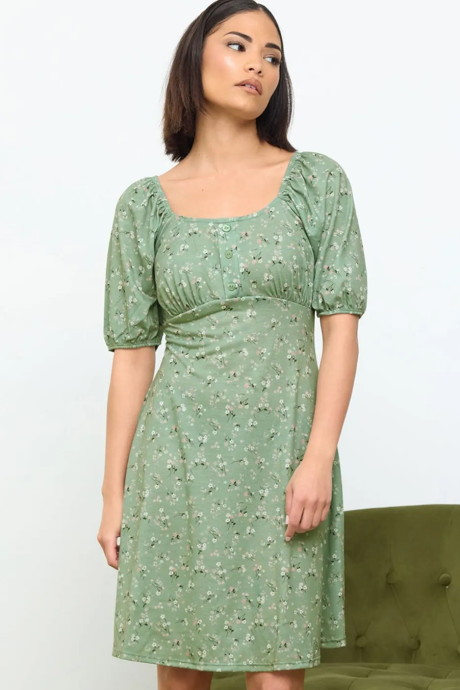 Pixiegirl Petite Sage Green Ditsy Floral Print Mini Dress