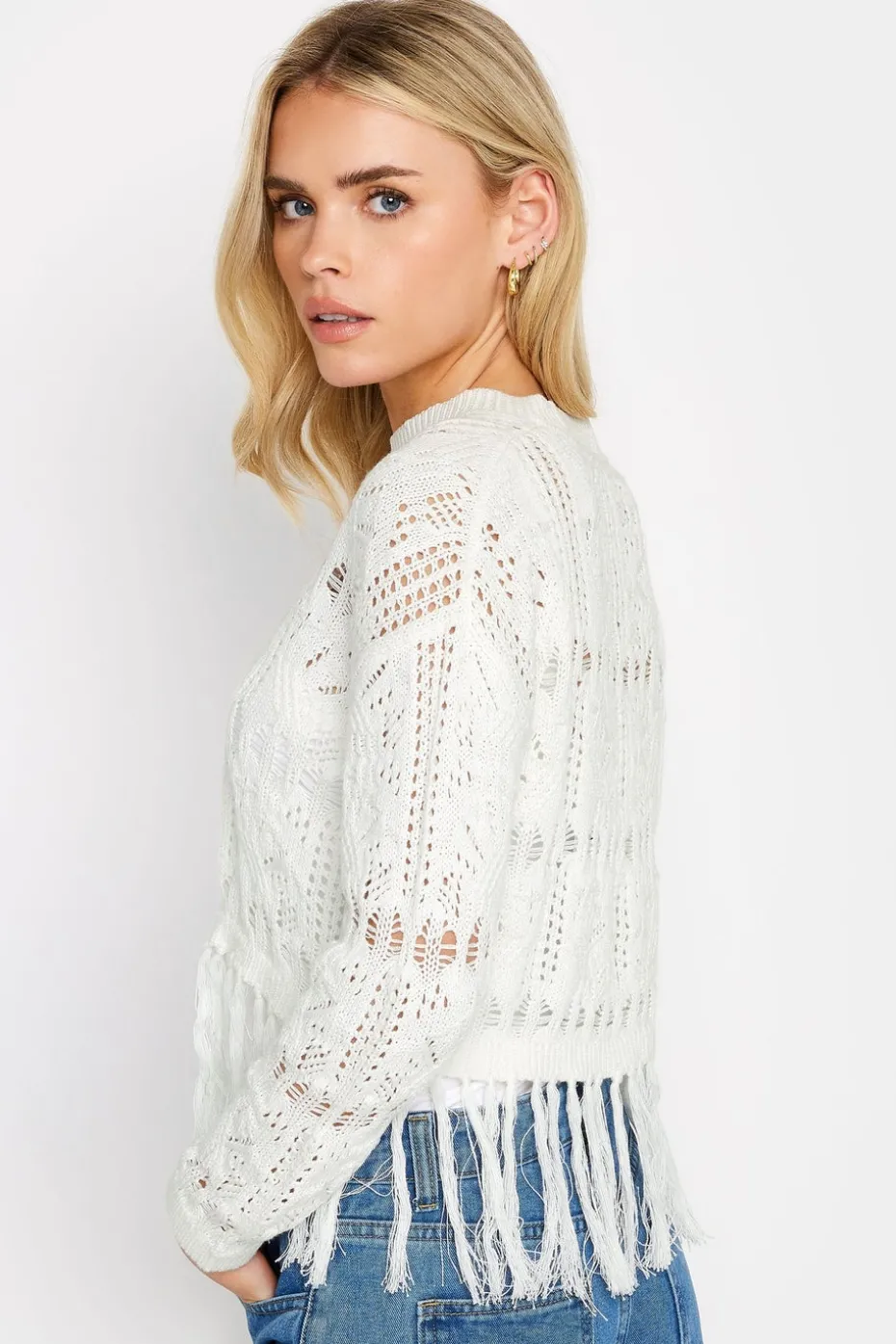 Pixiegirl Petite White Crochet Tassel Jumper