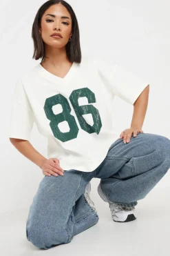 Pixiegirl Petite White Jersey Graphic Varsity T-Shirt