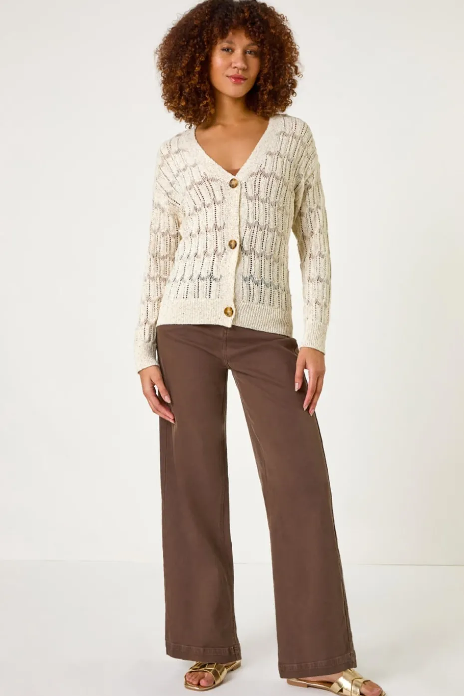 Roman Beige Stitch Detail Button Through Knit Cardigan