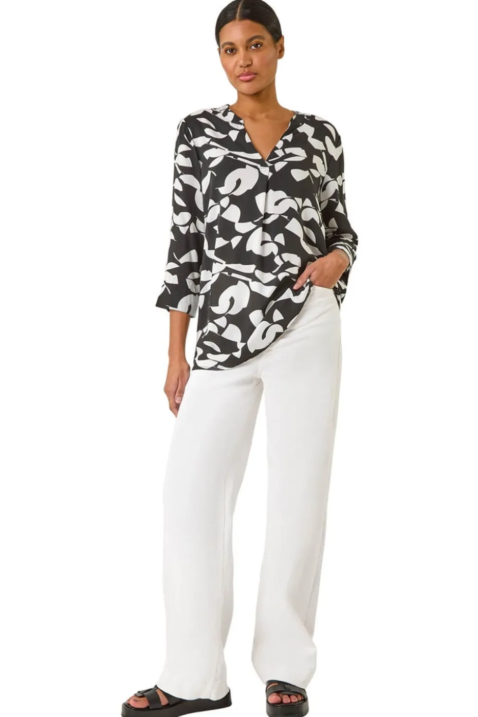 Roman Black Abstract Mono Pleat Detail Top