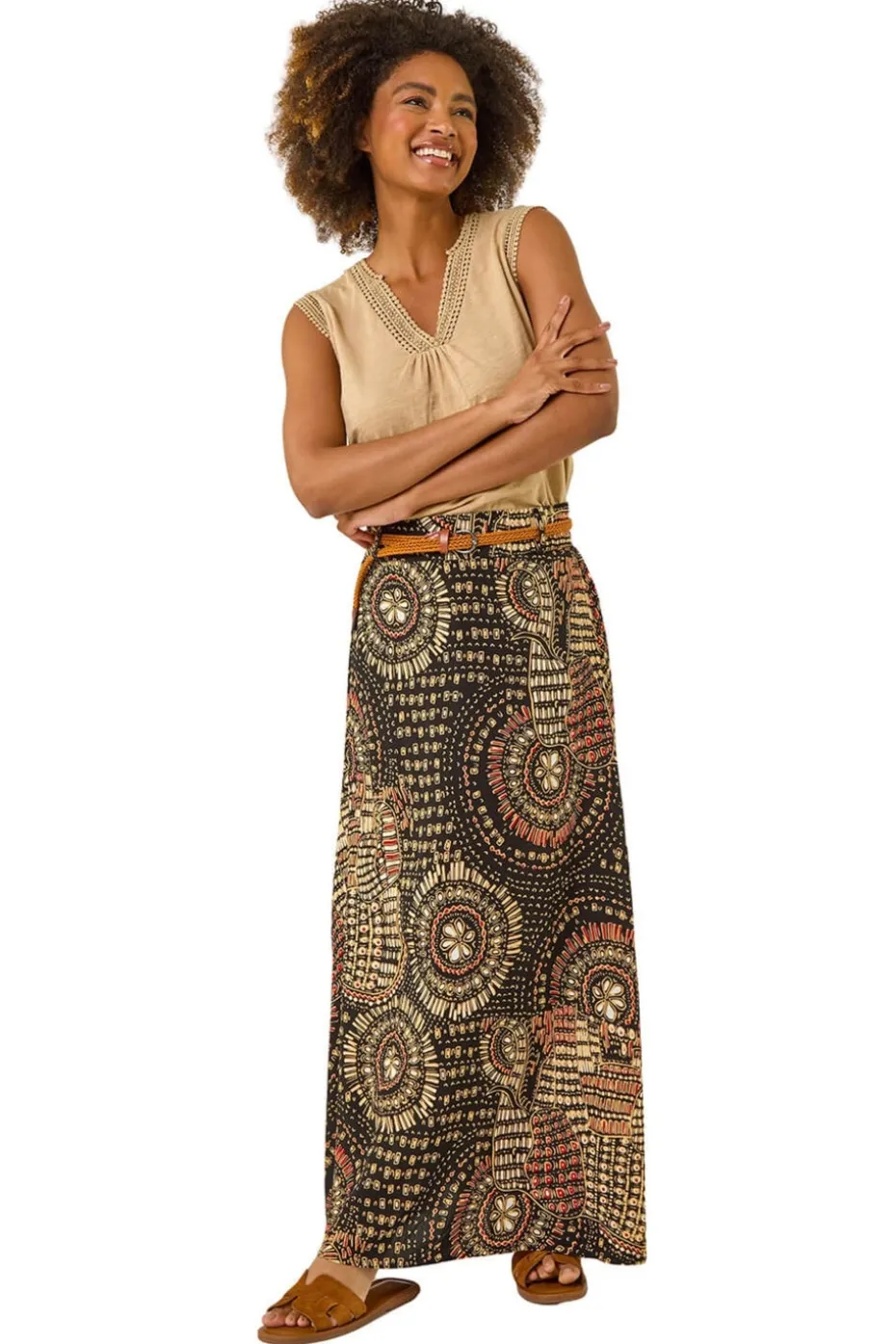 Roman Black Abstract Print Belted A-Line Skirt