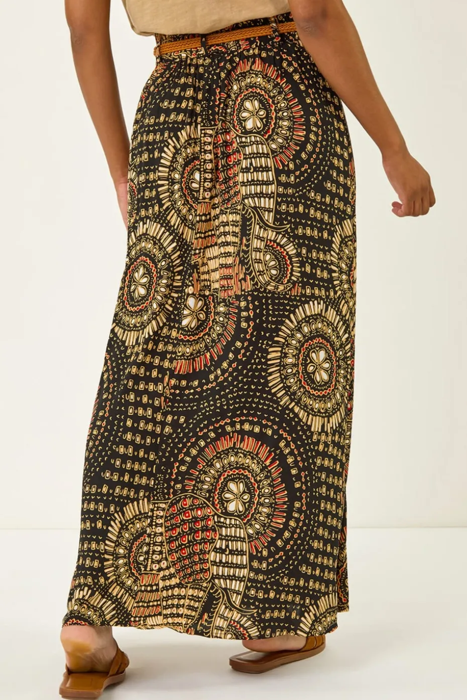 Roman Black Abstract Print Belted A-Line Skirt