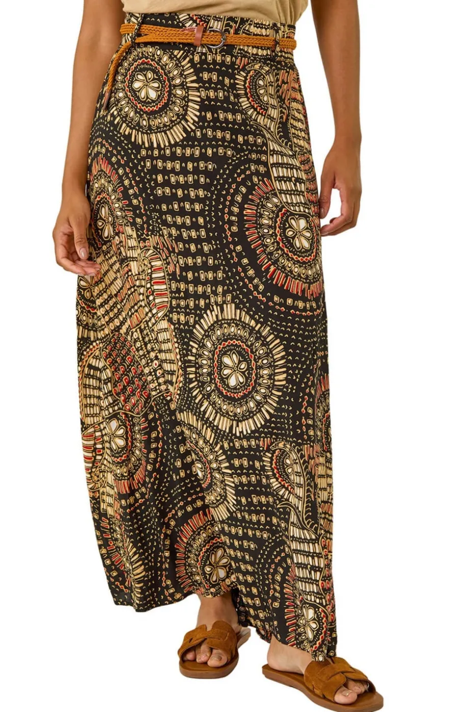 Roman Black Abstract Print Belted A-Line Skirt