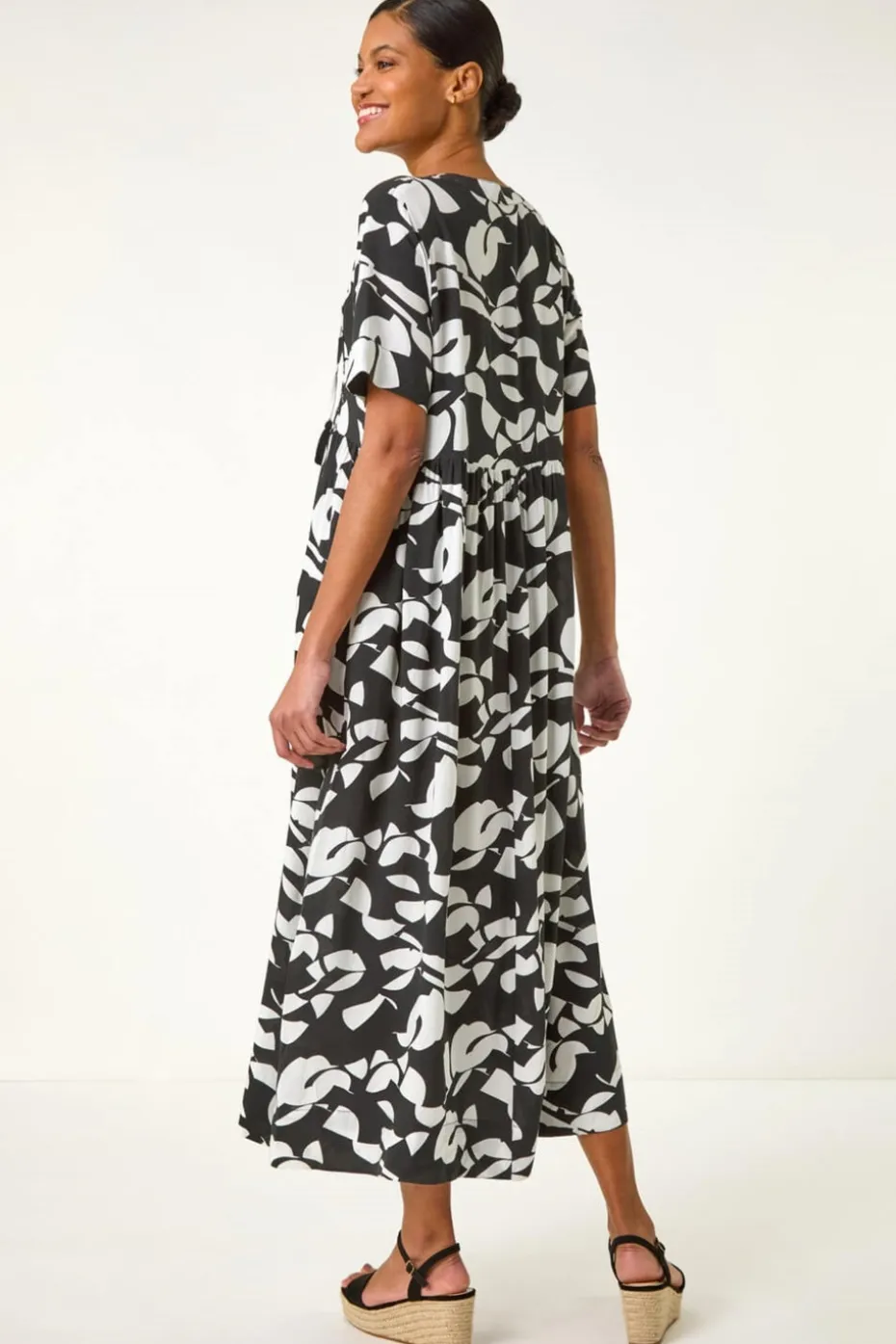 Roman Black Abstract Print Tie Front Midi Dress