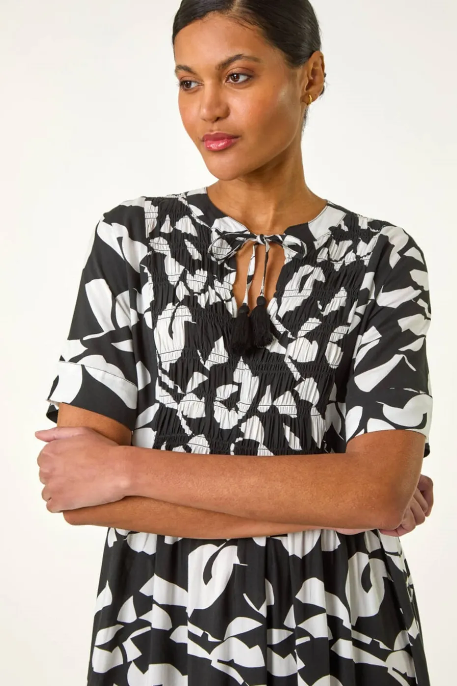 Roman Black Abstract Print Tie Front Midi Dress