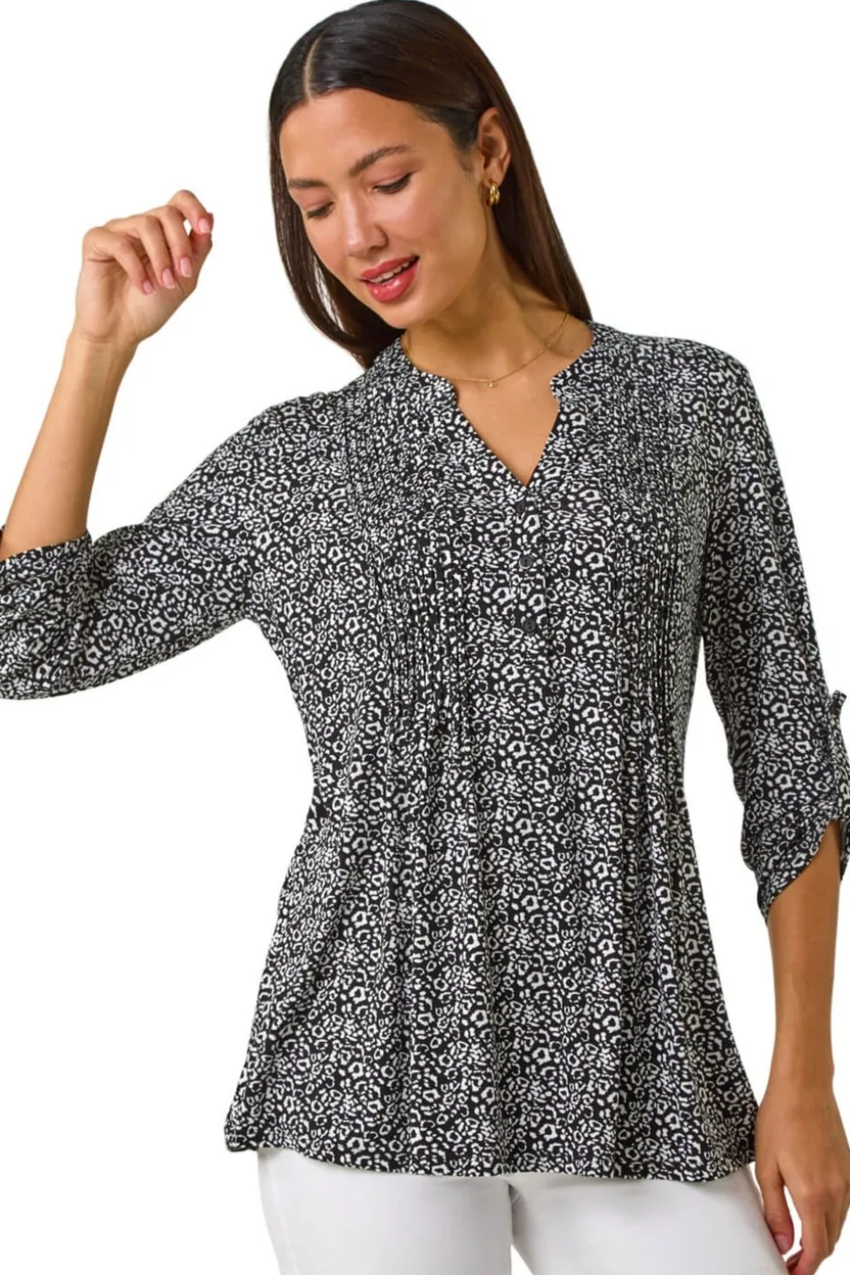 Roman Black Animal Print Pintuck Shirt