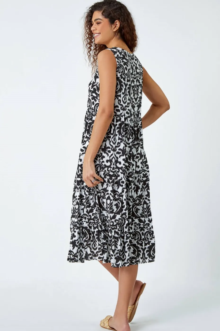 Roman Black Baroque Tiered Smock Midi Dress