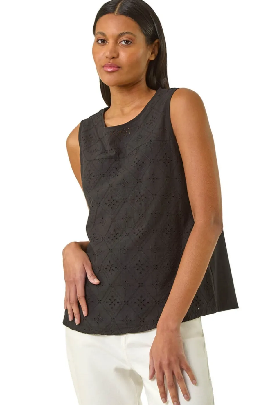 Roman Black Broderie Vest Top