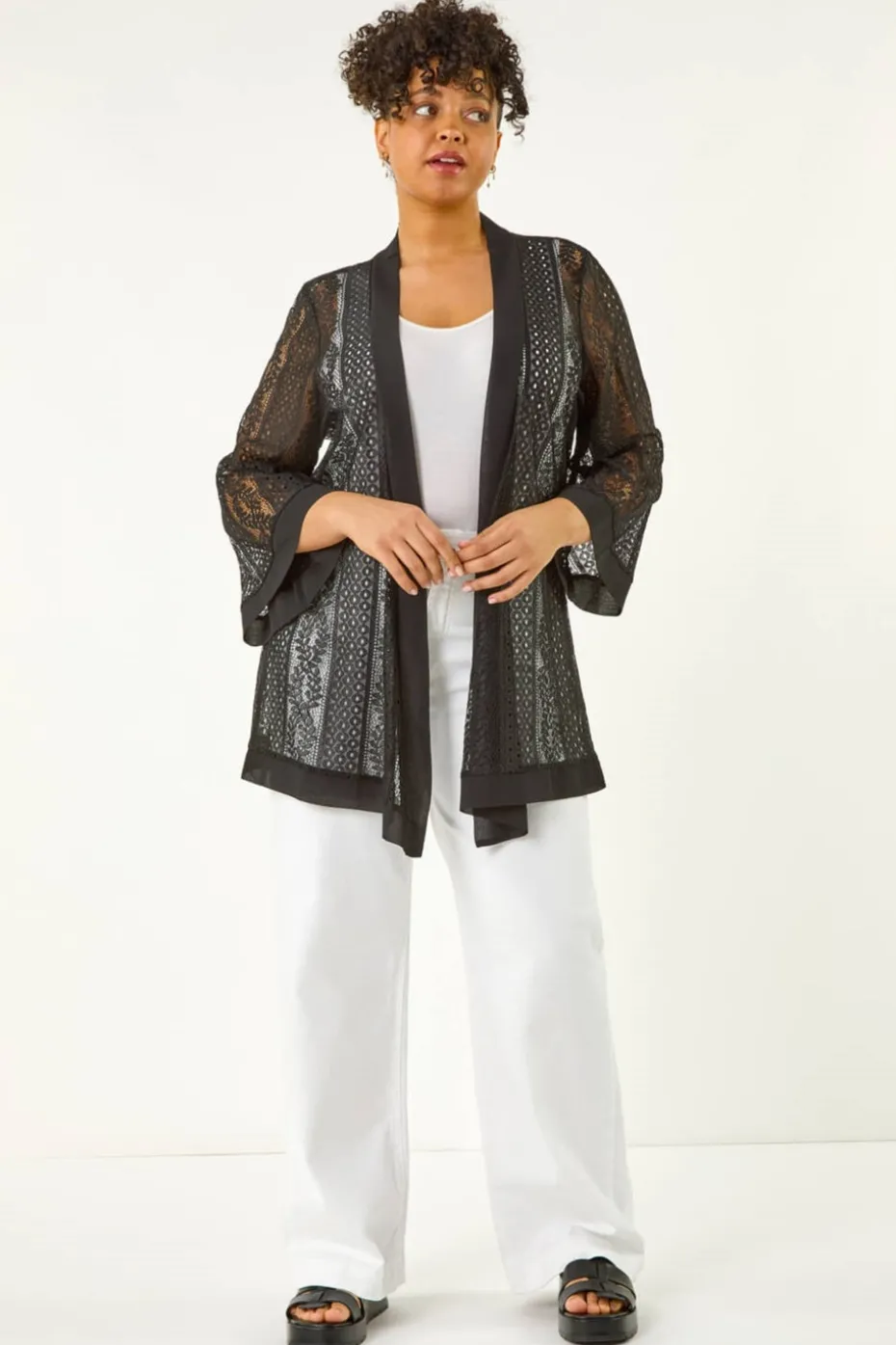 Roman Black Curve Crochet Knit Cardigan