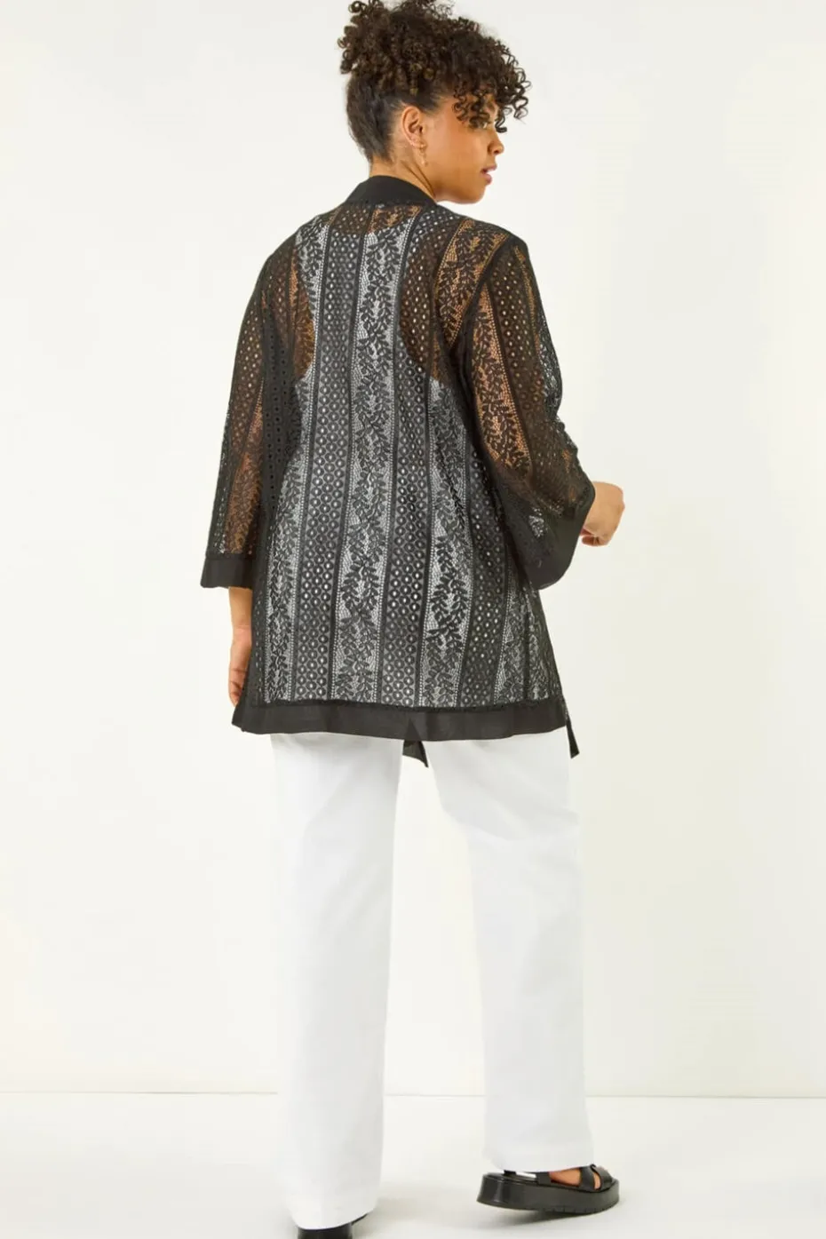Roman Black Curve Crochet Knit Cardigan