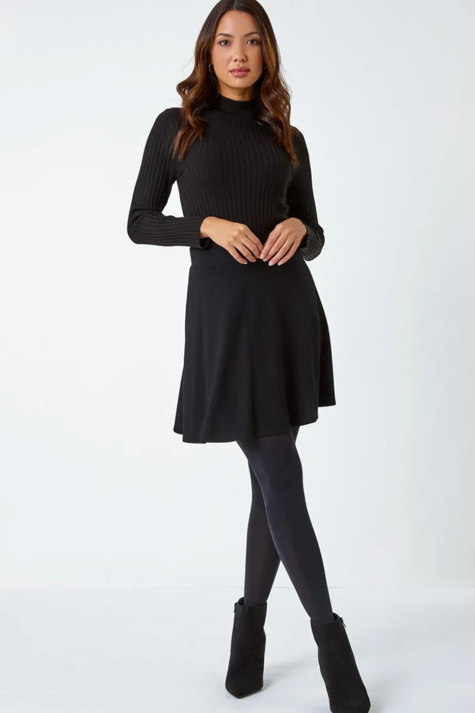 Roman Black Elastic Waist Stretch A Line Skater Skirt