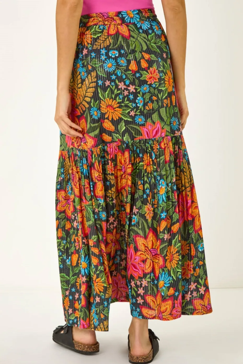Roman Black Floral Print Tiered A Line Skirt