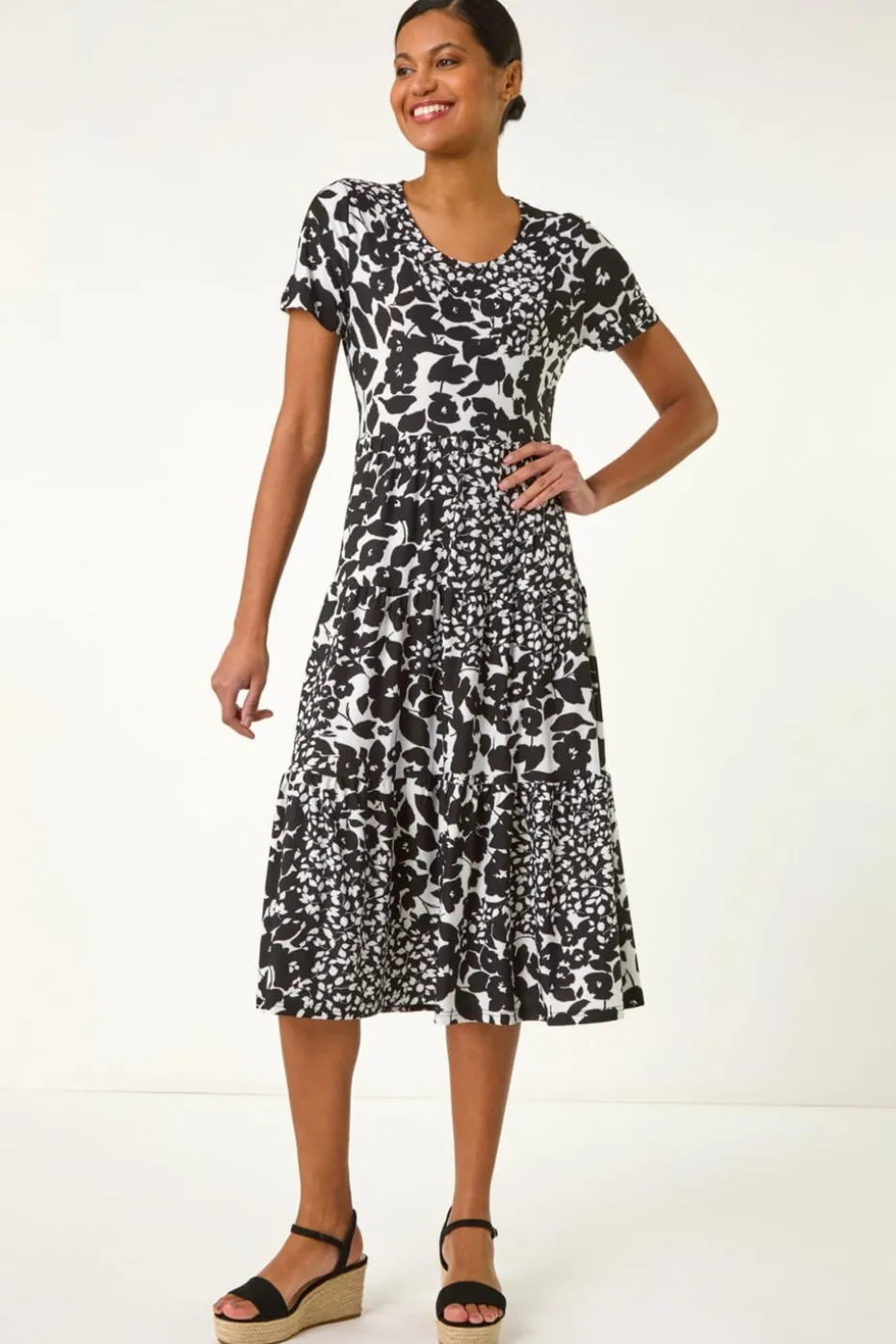 Roman Black Floral Print Tiered Midi Dress