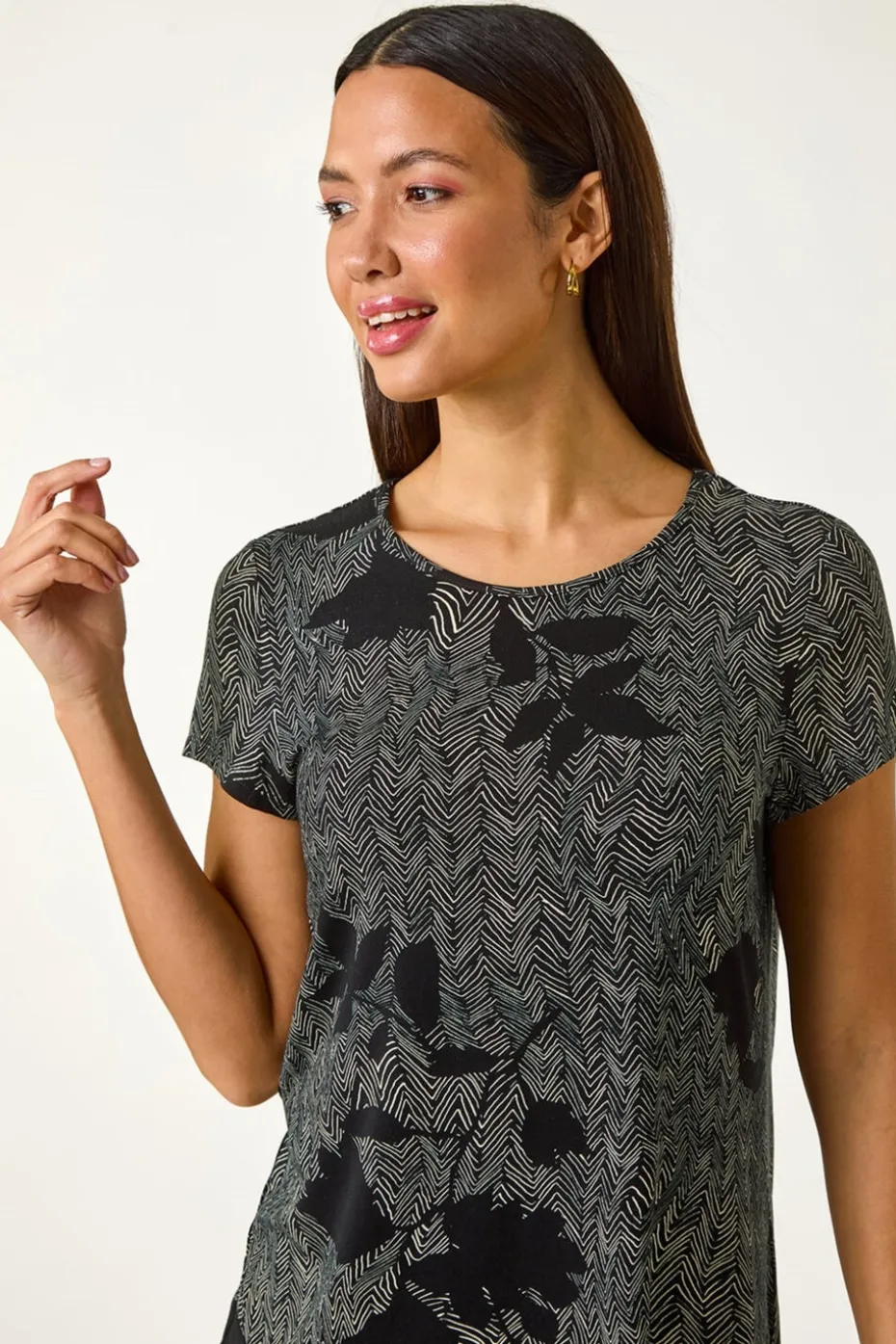 Roman Black Floral Print Chiffon Hem Top