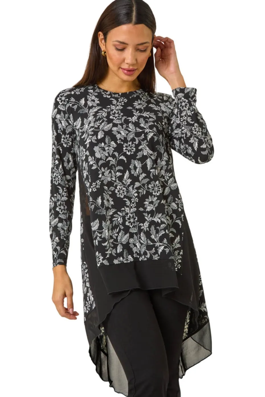 Roman Black Floral Puff Print Chiffon Hem Top
