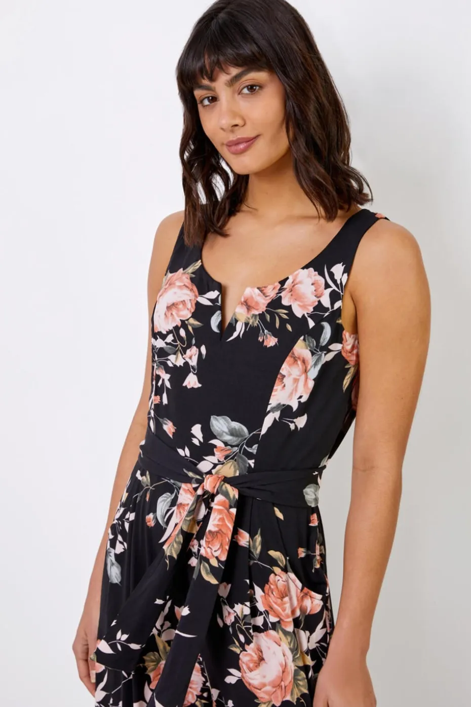 Roman Black Floral Stretch Cropped Leg Jumpsuit