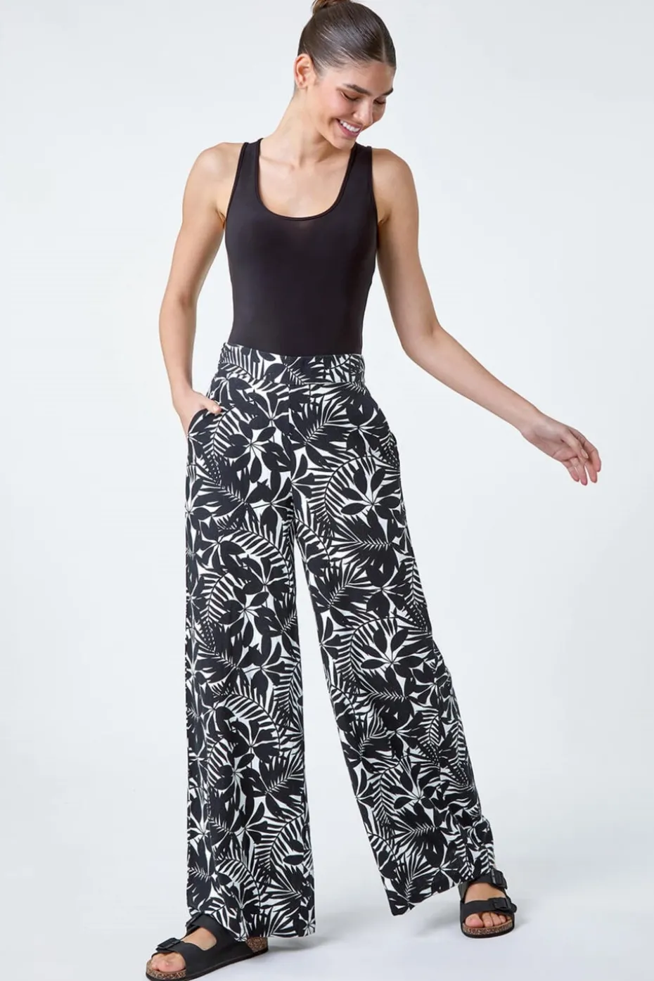 Roman Black Leaf Linen Blend Wide Leg Trousers