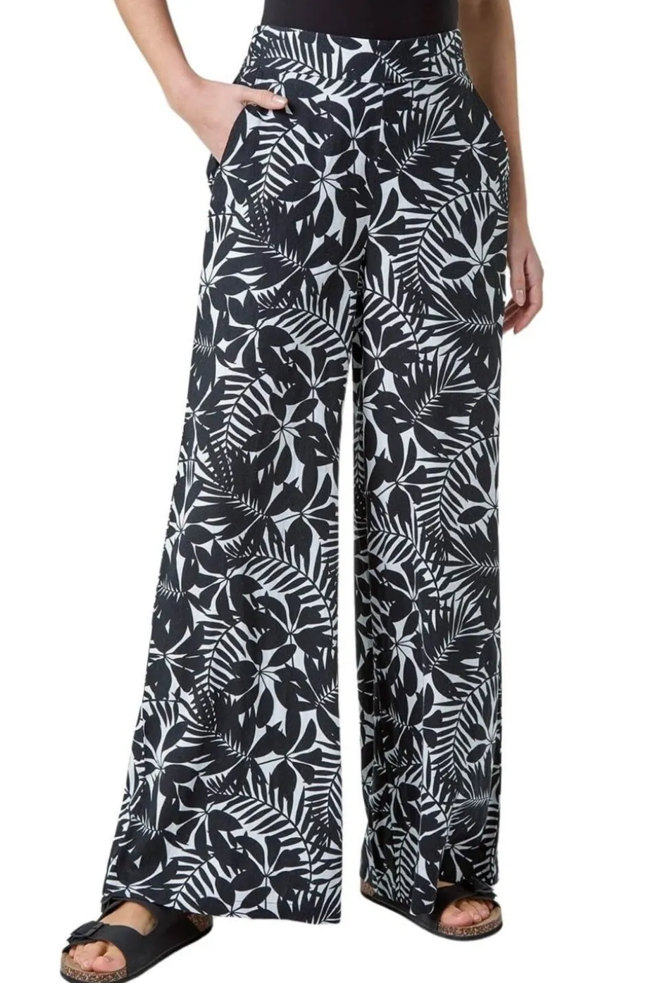 Roman Black Leaf Linen Blend Wide Leg Trousers